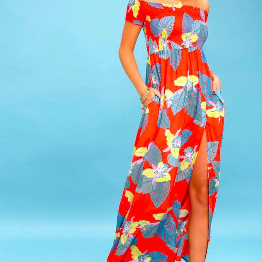 Lulus off the shoulder smocked side slit maxi